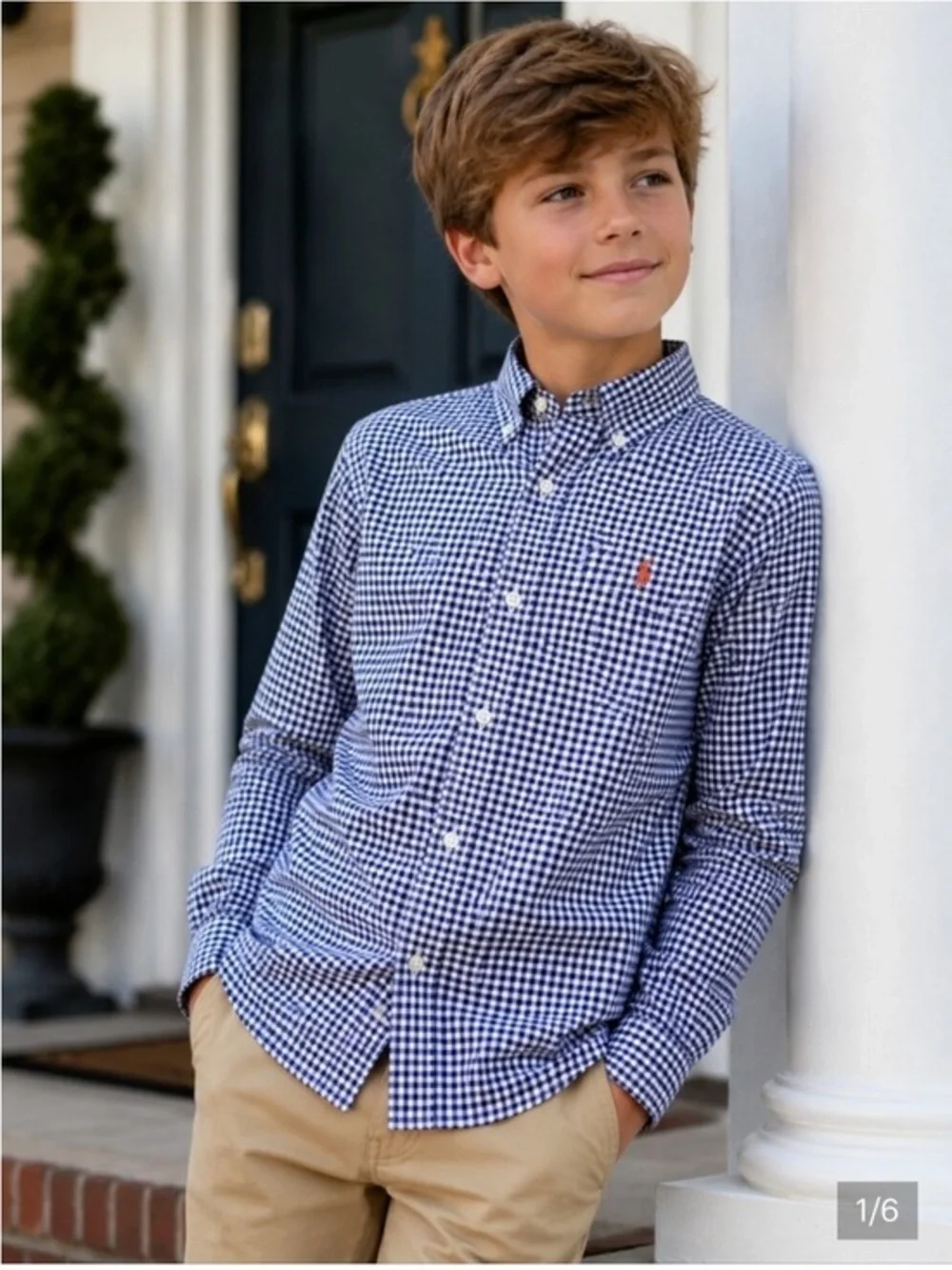 Ralph Lauren Boys Blue & White Gingham Button-Down Shirt with Orange Pony